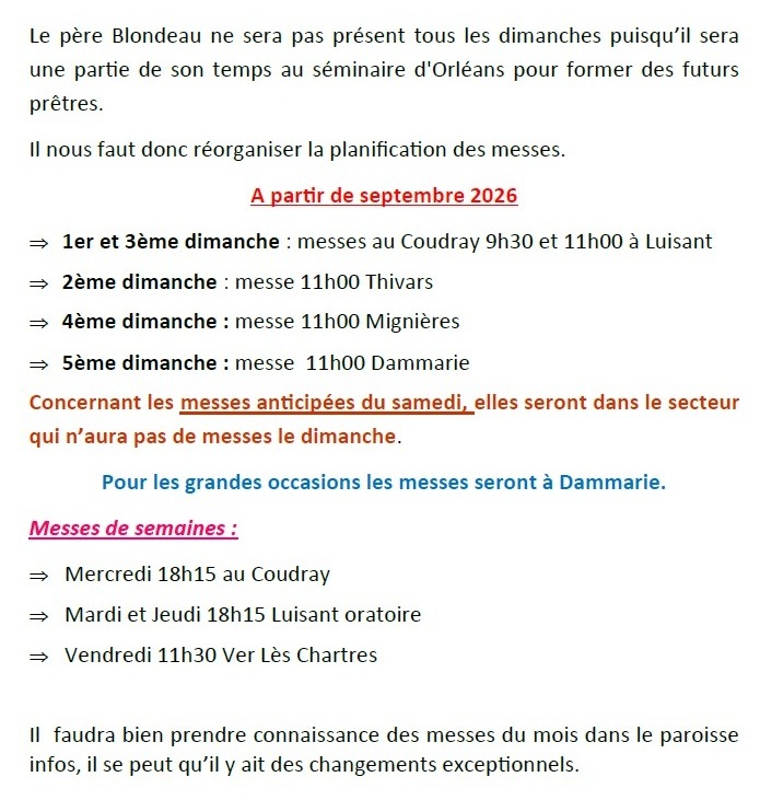 organisation des messes rentree 2026 - Planification et organisation des messes &agrave; partir de septembre 2026